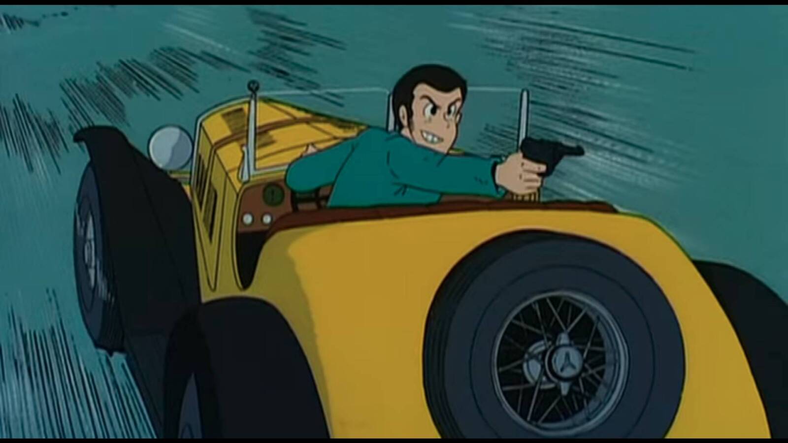 Die Anime-Figur Lupin flieht in einem gelben Auto und schießt mit einer Pistole auf seine Verfolgenden.