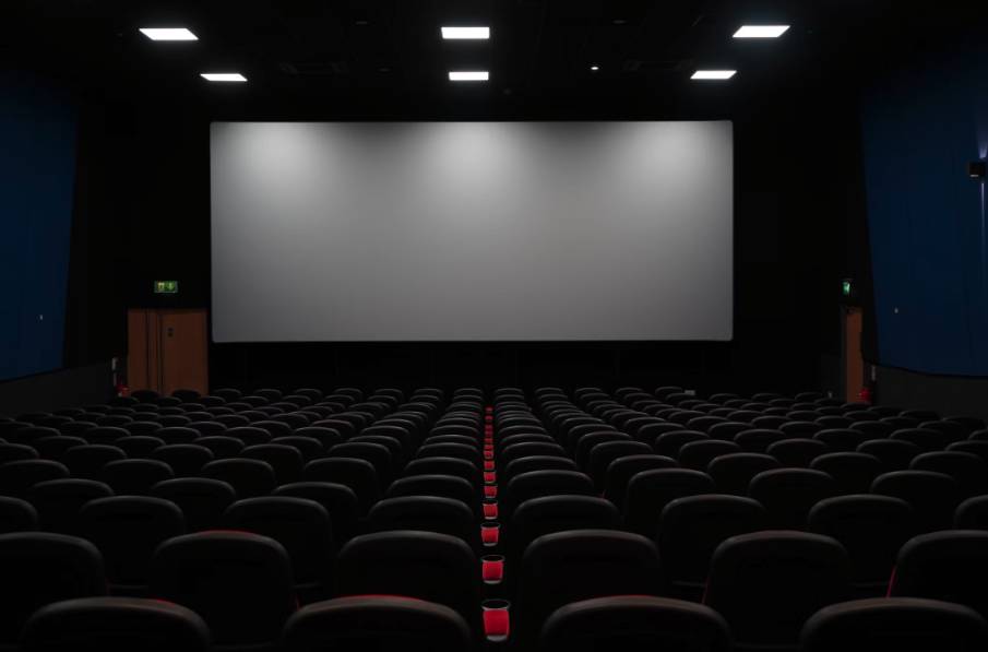 Leerer Kinosaal, in dem man eine weiße Leinwand und davor schwarze unbesetzte Stühle sieht.