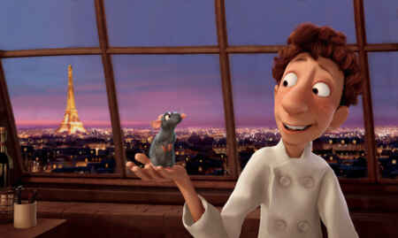 Ratte Rémy und Küchenjunge Linguini als animierte Charaktere.