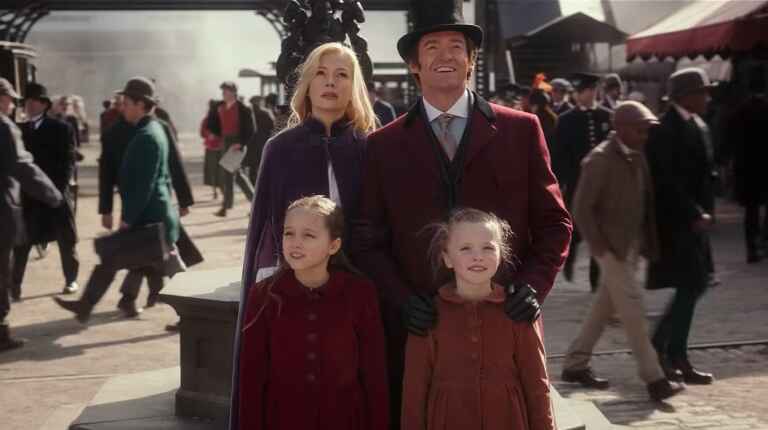 Michelle Williams als Charety, Hugh Jackman als P.T. Barnum und deren zwei Töchter auf der Straße vor dem neu eröffneten „Barnum Museum“.