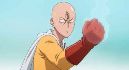 „One Punch Man“-Film: Man sieht den glatzköpfigen Helden Saitama als animierte Zeichnung, wie er verärgert seine „rauchende“ Faust ansieht, nachdem er wieder einen Gegner mit nur einem Schlag besiegt hat. Er trägt einen gelben Ganzkörperanzug, rote Handschuhe und einen weißen Heldenumhang.